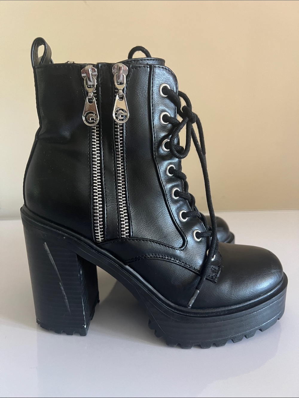 GBG Los Angeles Black Lace-Up Platform Ankle Boots with Dual Silver Zippers